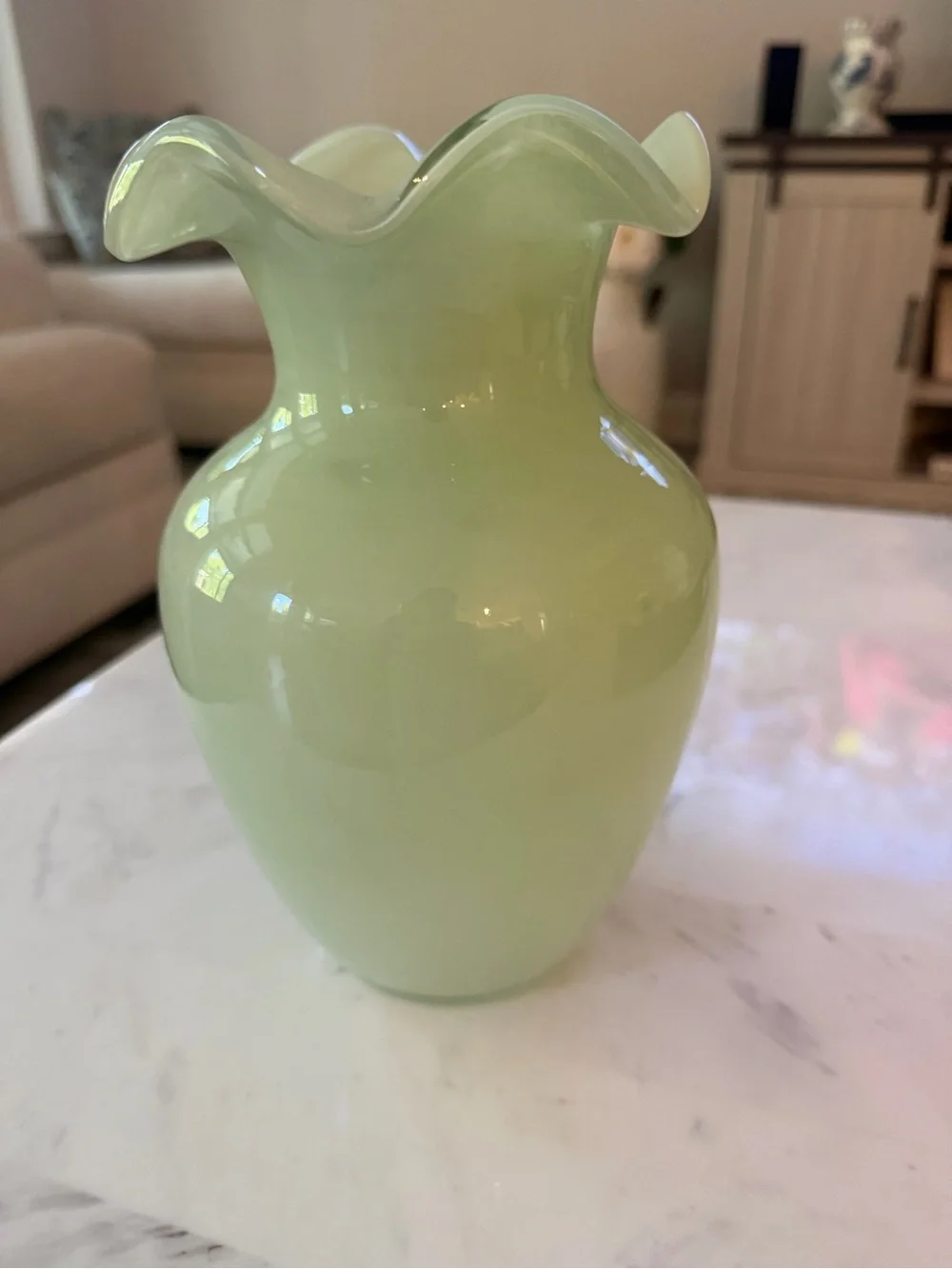 Handblown Light Green Glass Ruffled Vase